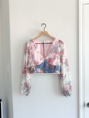 Altar'd State Mixed Floral Colorblock Sheer Long Sleeve Crop Top Size Large